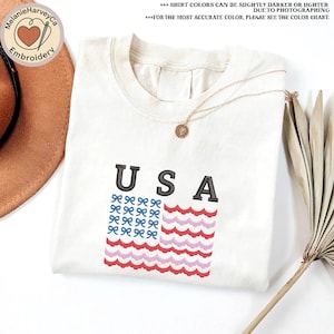 Bow Scalloped American Flag July 4th Summer Embroidery Shirt, USA Flag Embroidery Shirt, 4th of July Shirt, Independence Day Shirt, US Flag