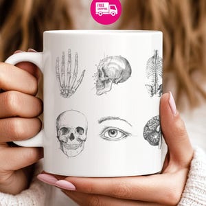 Dark Academia coffee mug, skull and bone vintage anatomy, witchy tea cup, goth drinkware, Halloween gift for friend or stocking stuffer