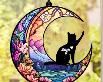 Sun Catcher,Pet Loss,Blackcat Loss,Cat Memorial,Cat Lovers,Cat Loss Gift,Stained Glass,Window Hangings,Memorial Gift,Sleeping cat on moon