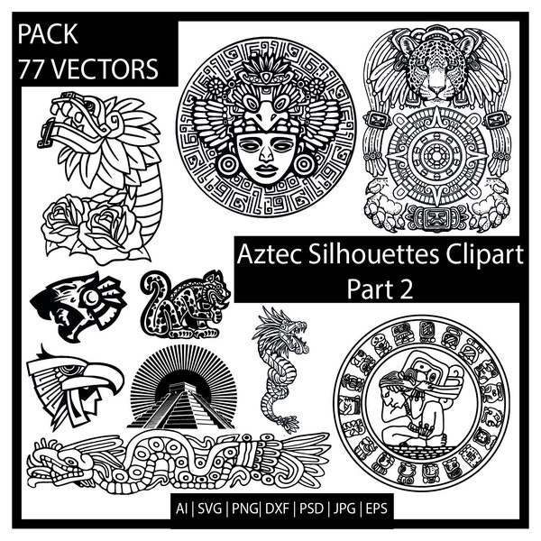 Pack of 77 Aztec silhouettes - PART 2 - clipart for engraving and cutting - All formats included