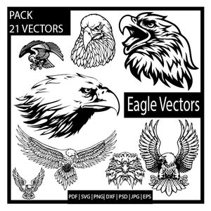 Peut inclure: Ensemble de 21 illustrations vectorielles d'aigles en noir et blanc. Les images présentent diverses poses d'aigles, telles que des profils de tête, des aigles en vol et des gros plans détaillés. Formats de fichiers : PDF, SVG, PNG, DXF, PSD, JPG et EPS.