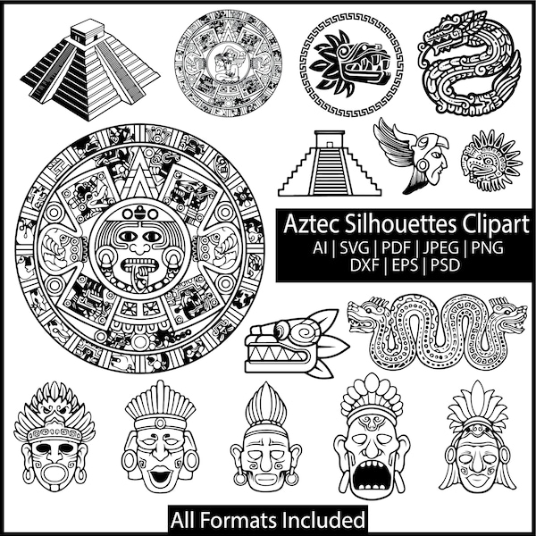 Packung mit 125 aztekischen Silhouetten Clipart zum Gravieren und Schneiden - Alle Formate enthalten