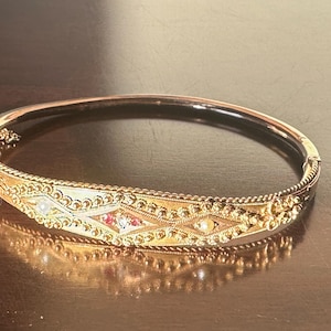 Antique 1890 Victorian gold Ruby, Diamond, and Seed Pearl hinged Bracelet bangle, Etruscan revival