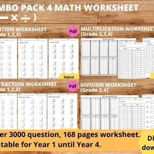 COMBO PACK 4 Math Worksheet Addition, Subtraction, Multiplication, Division Suitable for 1st grade, 2nd grade, 3rd grade, 4th grade math