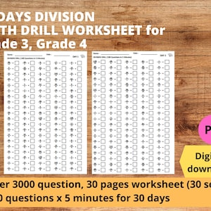 30 days Division Math Drill Printable Worksheet for Grade 3, Grade 4, 100 questions per day Math practice