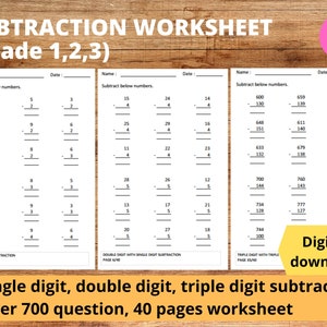 Hoja de trabajo imprimible de matemáticas de resta con dígitos simples, dobles y triples, adecuada para los grados 1, 2 y 3, resta inferior a 1000