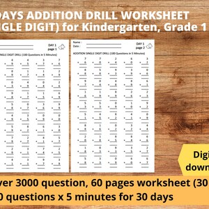 30 Tage Zusatzbohrmaschine Einstelliges Mathe-Arbeitsblatt zum Ausdrucken für Kindergarten, Klasse 1, Klasse 2, 100 Fragen pro Tag Mathe tägliche Praxis