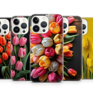 チューリッププリント フラワーラバー 携帯ケース iPhone 16 Pro Max 15 Plus 14 13 12 11 XR XS、Samsung S24FE S23 A55 Samsung A35、Pixel 9 Pro 8A 7用