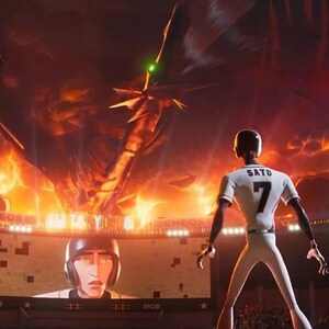 May include: A baseball player wearing a white jersey with the number 7 and the word "SATO" on the back stands in a stadium with a large, fiery dragon in the background. A large screen shows a close-up of a baseball player wearing a helmet.
