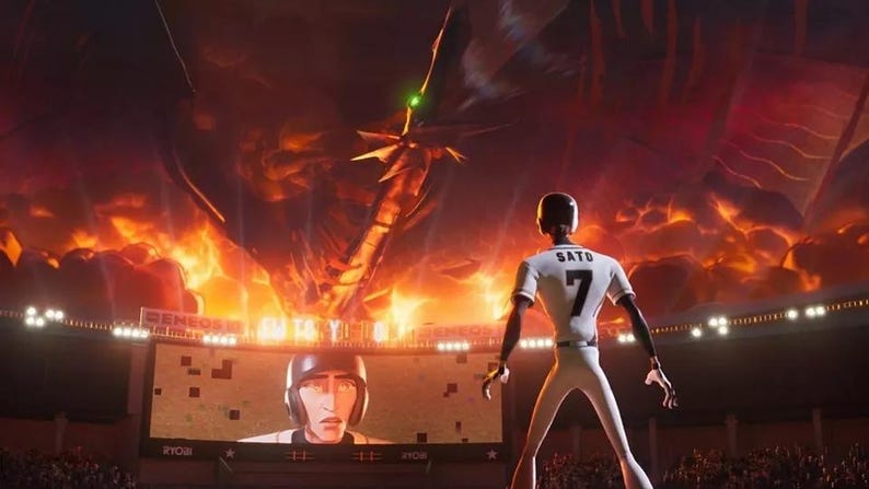 May include: A baseball player wearing a white jersey with the number 7 and the word "SATO" on the back stands in a stadium with a large, fiery dragon in the background. A large screen shows a close-up of a baseball player wearing a helmet.