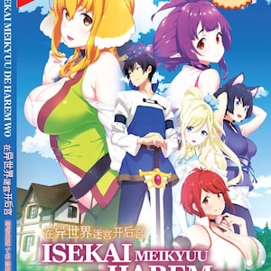 Puede incluir: Ilustración de la portada del DVD de la serie de anime "Isekai Meikyuu de Harem wo", que presenta a un grupo de personajes de anime frente a un paisaje de fantasía. El texto de la portada dice "The Original Uncut Version" e "Isekai Meikyuu de Harem wo" en japonés e inglés. La portada también incluye el texto "Episode 1-12 End".