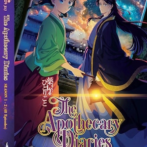 May include: DVD cover for "The Apothecary Diaries" Season 1-2 (48 Episodes). The artwork features two anime characters in traditional attire, set against a night sky with a full moon. The title is prominently displayed in gold lettering.
