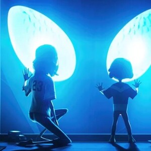 May include: Two silhouetted figures stand in front of a window with two large, glowing blue orbs. The figures are facing each other with their arms raised.
