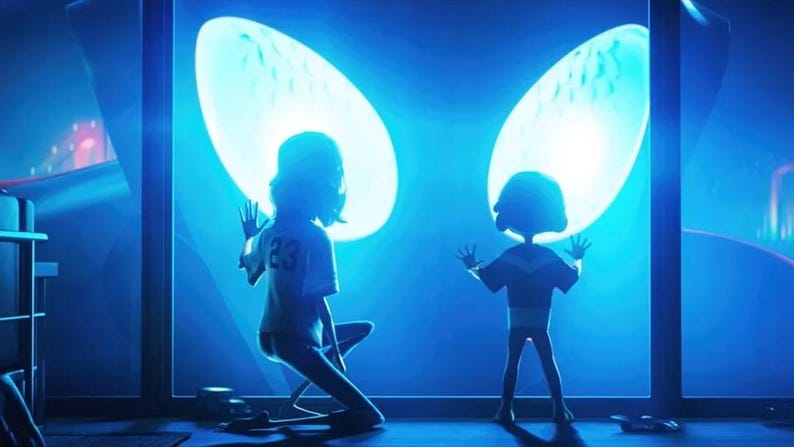 May include: Two silhouetted figures stand in front of a window with two large, glowing blue orbs. The figures are facing each other with their arms raised.