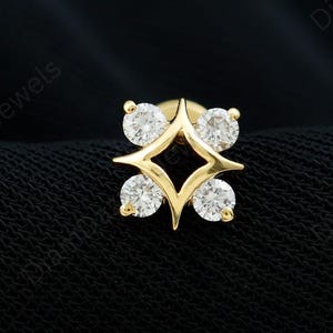 Brincos celestiais delicados, piercing de cartilagem feminino, piercing de hélice e lóbulo, feitos em laboratório, com formato de estrela brilhante celestial, ouro maciço 14K