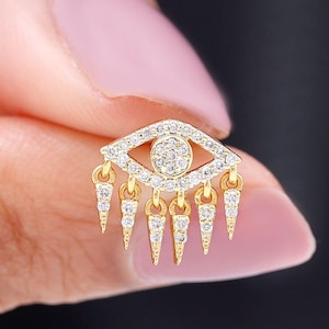 Evil Eye Lab Diamond Gold Piercing, Evil Eye With Dangle Drops Stud Earring, 14k Gold Evil Eye Cartilage Piercing, Diamond Lucky Eye Studs