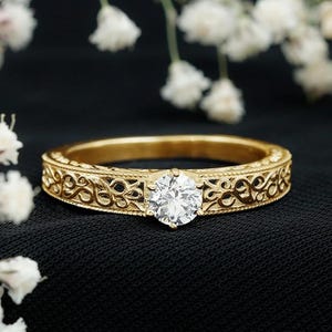 Vintage Inspired Lab Grown Diamond Engagement Ring/Inspired Filigree Engraved Wedding Band/14K White Gold Filigree Art Deco Promise Ring