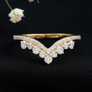 Round Lab Diamond Chevron Wedding Band Double Band Wedding Ring Two Row Ring Multi Layer Bridal Ring Half Eternity Ring 14K White Gold Ring