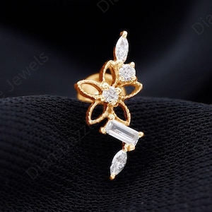 Genuine Lab Grown Diamond Wedding Earrings for Bride, Diamond Flower Style Cluster Earrings, Tiny Gold Cartilage Earring, Helix Piercing