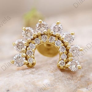 Unique Lab Grown Diamond Curved Earring Helix Piercing, Curve Threaded Stud Earring, 14K Solid Gold Pave Diamond Cartilage Climber Earring