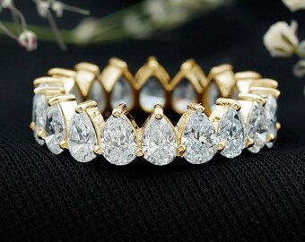 Anello a fascia completa con diamanti sintetici a taglio a pera, anello impilabile in oro massiccio 14 carati con diamanti CVD, anello da sposa con diamanti a goccia, regalo per donna