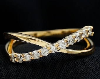 Vintage Unique Crossover Design Bridal Band, 14k Gold Criss Cross Diamond Ring, Trendy Petite Dainty Diamond Ring, Anniversary gifts for her