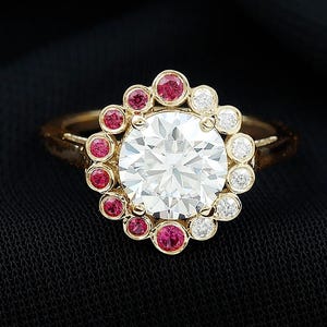 Anillo de compromiso con halo de diamantes y rubíes de 8 mm certificado por IGI para mujer, anillo antiguo vintage Art Déco, anillo de boda nupcial de oro de 14 quilates, regalo de pedida de mano