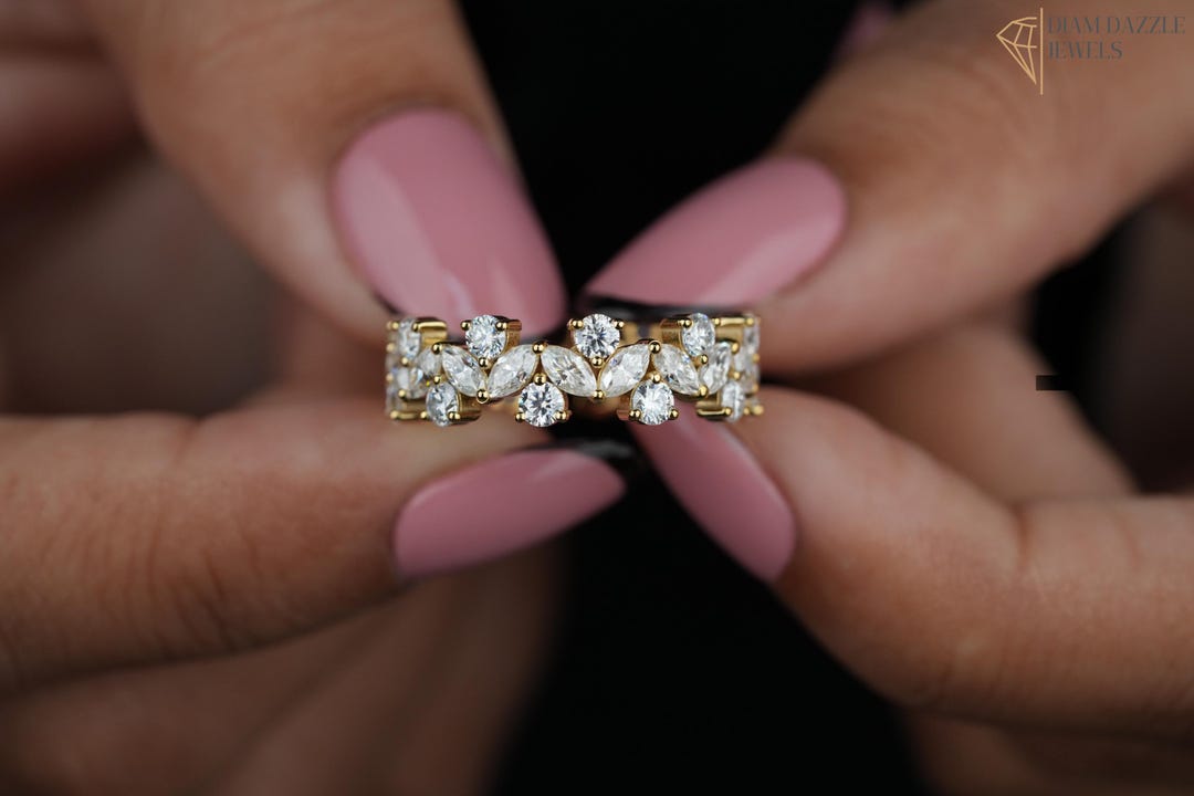 Marquise and Round Lab Grown Diamond Full Eternity Wedding Band, 14K ...