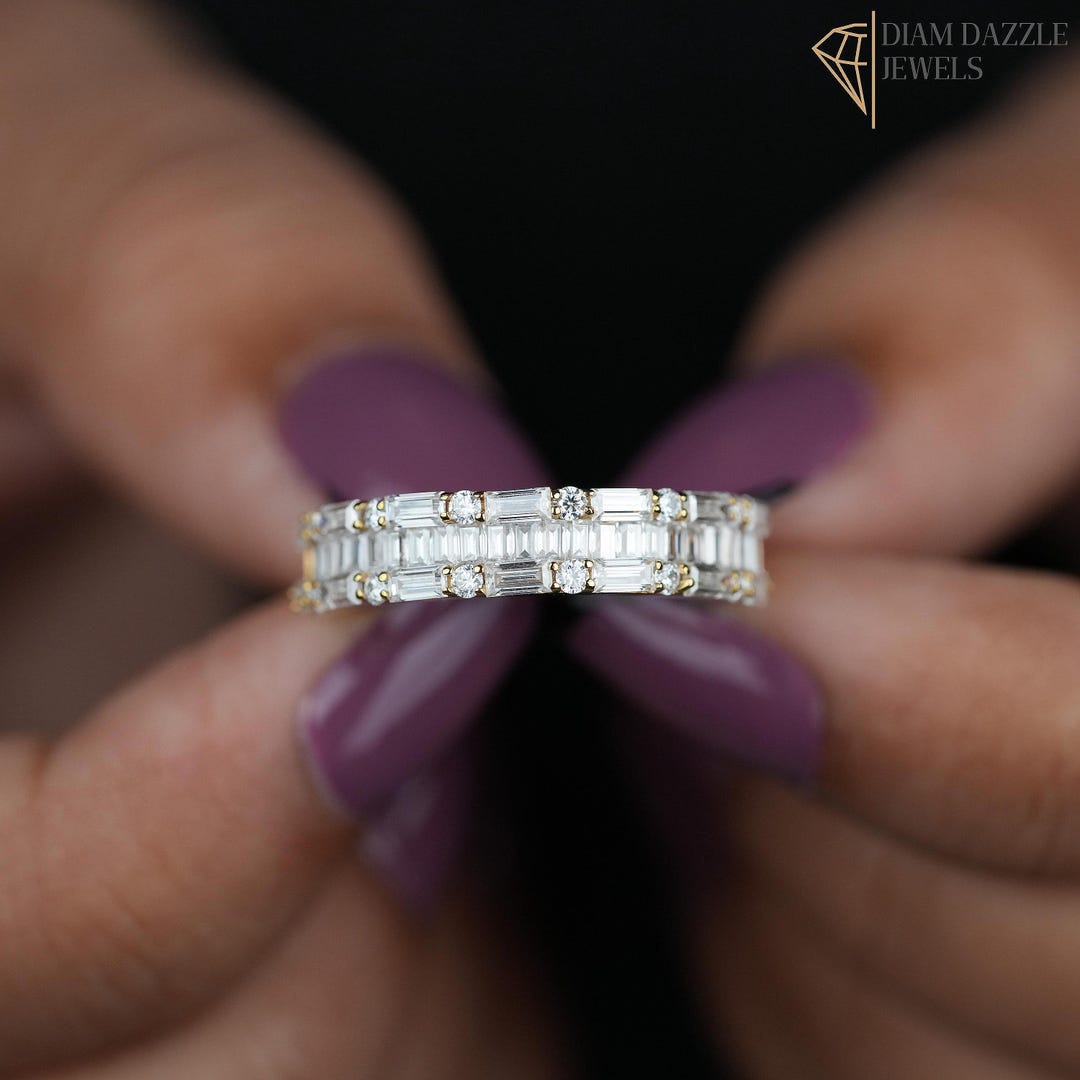 Baguette and Round Lab Grown Diamond Three Row Wedding Ring, 14k Gold ...