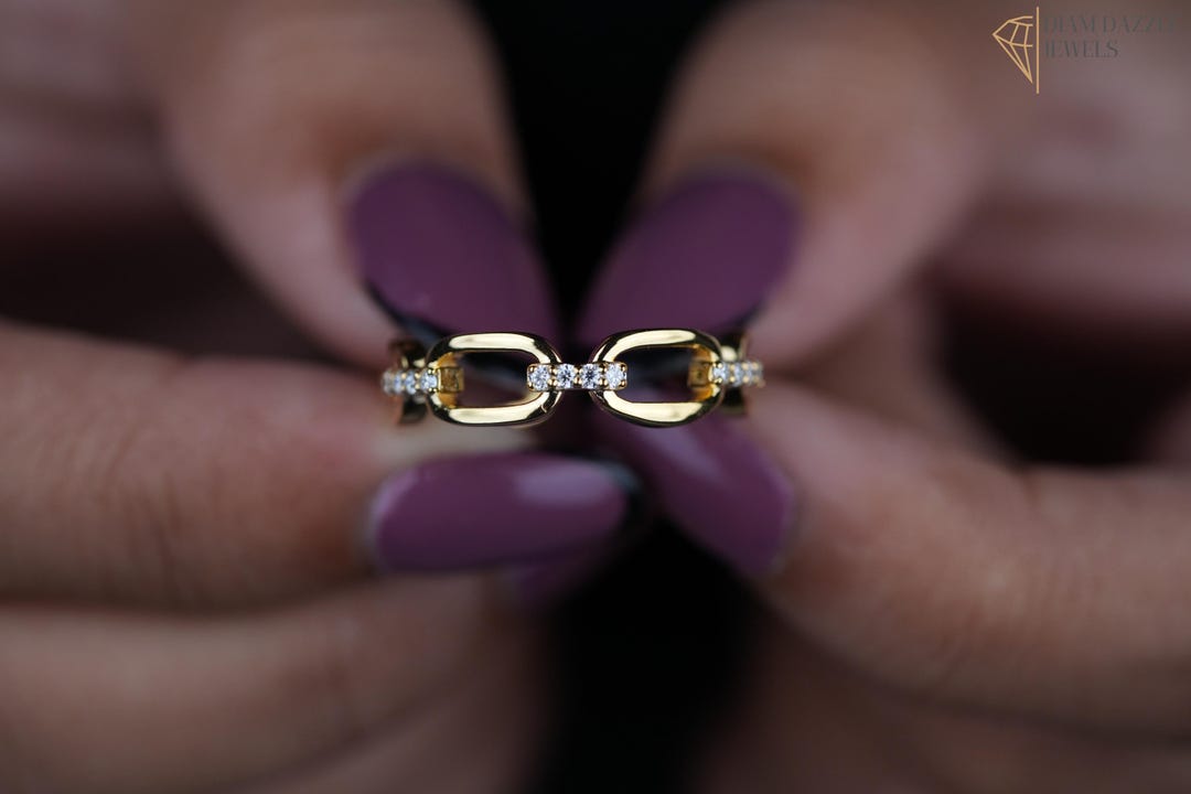 14k Gold Lab Diamond Chain Link Ring, Open Link Eternity Band, Diamond ...