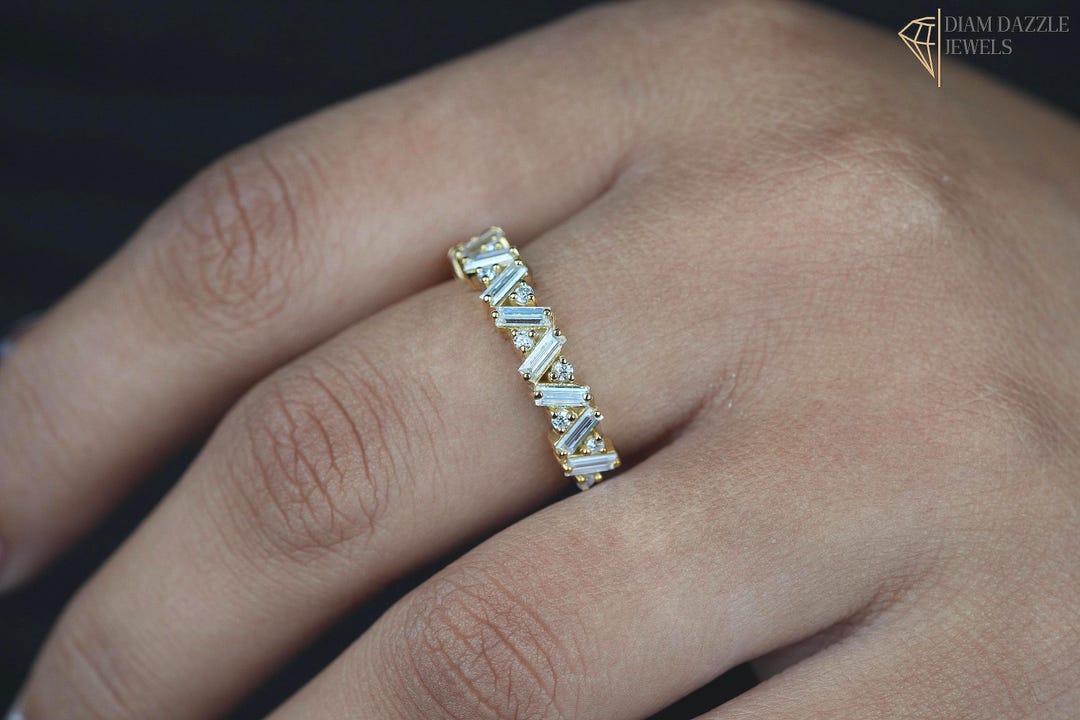 Buy Vintage Art Deco Baguette and Round Lab Grown Diamond Wedding Band ...