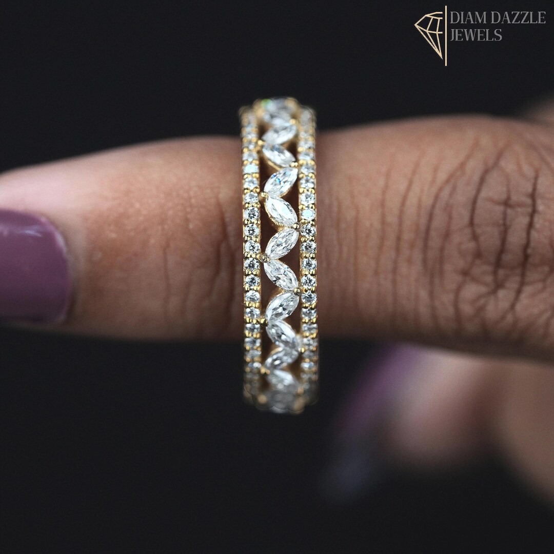 Marquise & Round Lab Diamond Full Eternity Band, 14K Gold Wide Wedding ...