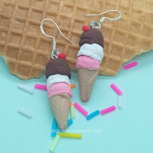 Neapolitan Icecream Earrings with Sterling Silver Hooks, Handmade with clay