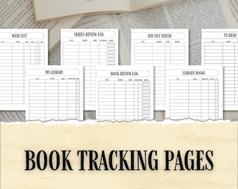 May include: Black and white printable book tracking pages with headings such as "Wish List", "Series Review Log", "Did Not Finish", "To Read", "My Library", "Book Review Log", and "Library Books".