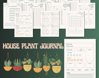 May include: A printable house plant journal with pages for tracking watering schedules, plant purchases, growth logs, and more. The journal features a green and brown color scheme with illustrations of hanging plants.