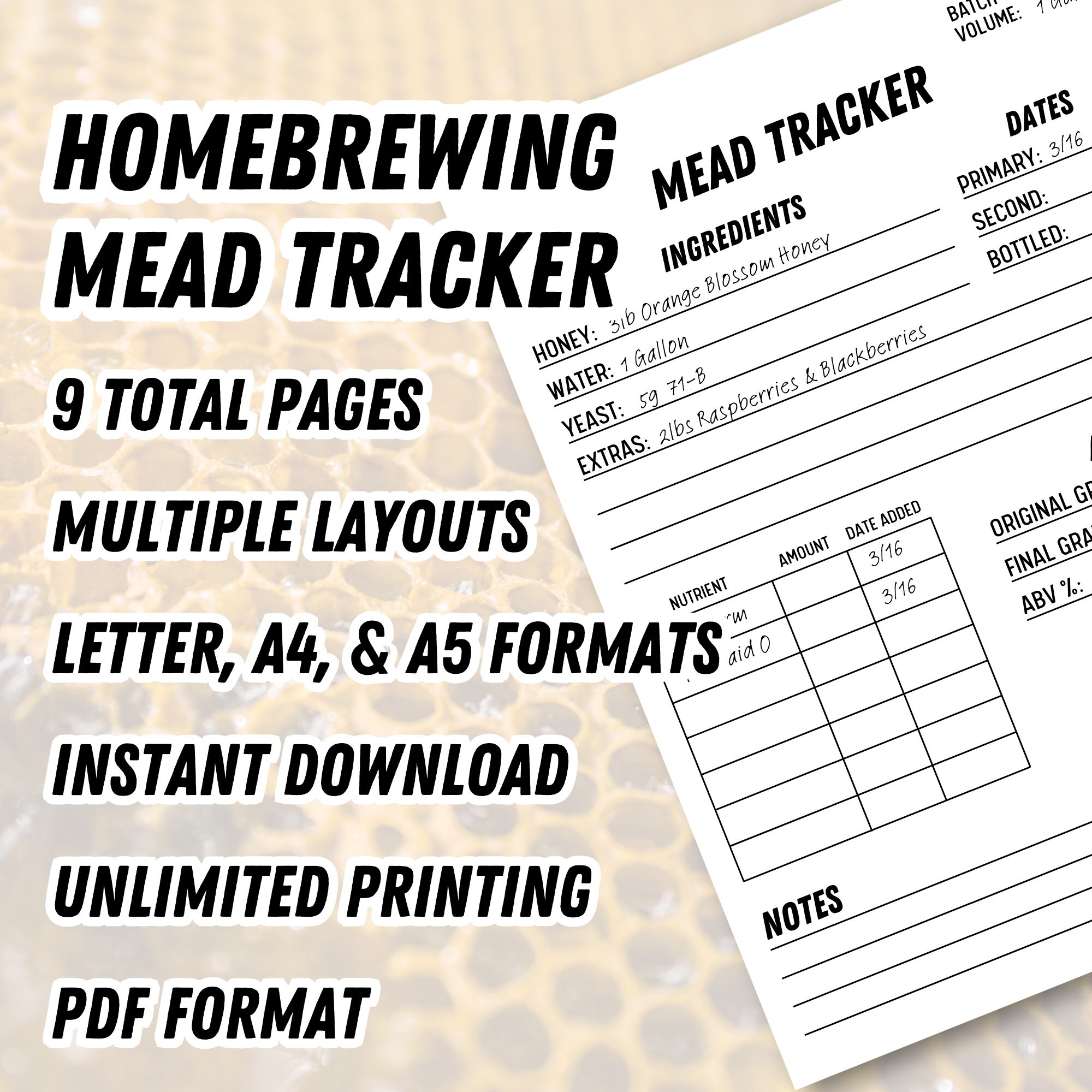 Mead Homebrew Tracking Sheets Digital Download Tracker Mead Recipe