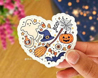 Halloween Heart Sticker, Halloween Vinyl, Cute Pumpkins Ghosts, Bats, Candy, Spooky Water Resistant Glossy, Laptop/Water Bottle/Journal