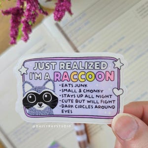 Just Realised In A Raccoon Sticker, Funny Raccoon Sticker, Vinyl Animal Decal, Laptop, Water Bottle Sticker, Quirky Gift, Animal humor