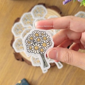 Adesivo de margaridas felizes, adesivo de buquê de flores, adesivo de vinil fofo, laptop/garrafa de água, à prova d'água, adesivo floral estético, bastão alegre