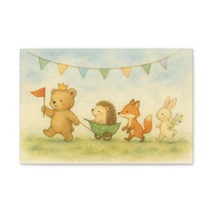 Whimsical Animal Parade Canvas Wall Art, Cute Nursery Decor, Baby Shower Gift, Kids Room Decor, Children&#39;s Room Wall Art, Nursery Wall Art