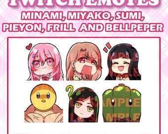 Cute chibi anime girls Miyako Saitou, Minami Kotobuki, Frill Shiranui and Sumi Yuki from Oshi no Ko emotes digital sticker for Twitch etc