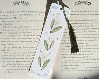 May Birth Flower Bookmark, Bookmark with Olive Green Tassel, Lily Of The Valley Bookmark, Birth Flower Gifts