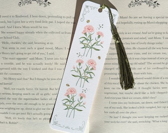 January Birth Flower Bookmark, Bookmark with Olive Green Tassel, Carnation Bookmark, Birth Flower Gifts