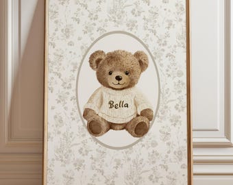 Personalised Teddy Bear Nursery Print, Custom Name Wall Art for Baby Boys & Girls, Beige Floral Nursery Decor, Unframed or Digital