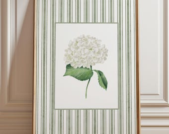 Lámina de hortensias verdes a rayas: Arte mural botánico Grandmillennial (opciones digitales o sin marco disponibles)