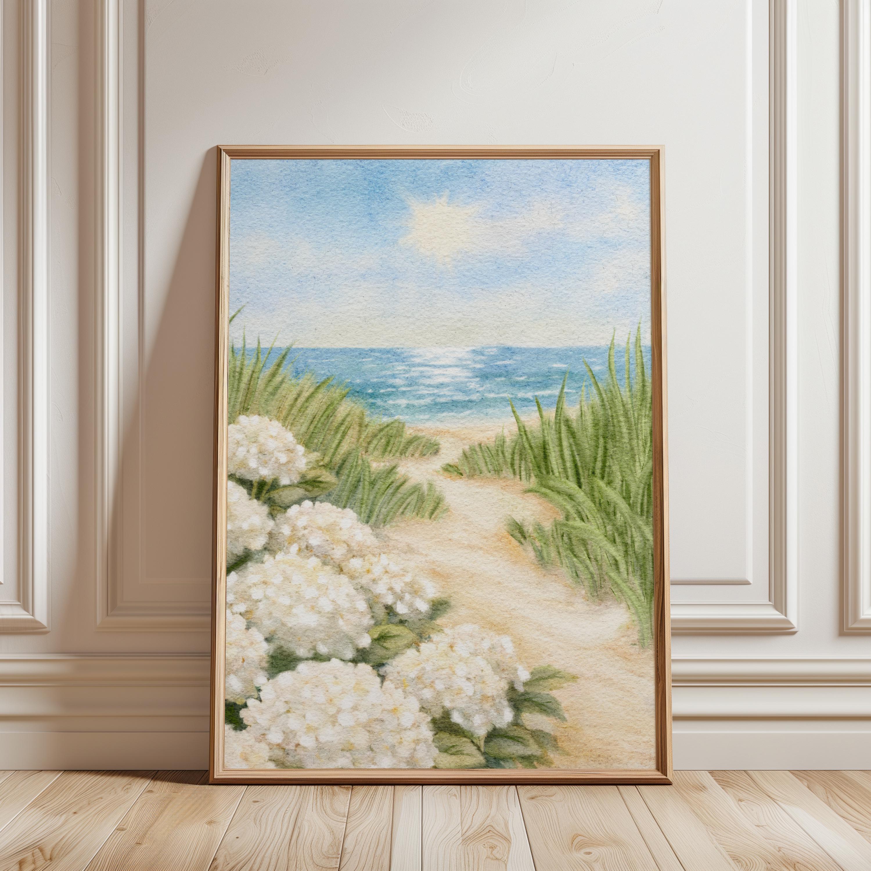 専用セット Coastal Hydrangea Wall Art Print, Beach Path Ocean Landscape