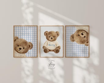 Arte de pared para habitación infantil con osito de peluche azul personalizado, juego de 3 impresiones, decoración de habitación infantil con temática de peekaboo azul, sin marco o digital