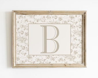 Beige Letter Print, Horizontal Floral Nursery Initial Print, New Baby Gift, Vintage Nursery Wall Art