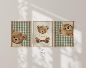Green Personalised Teddy Bear Nursery Wall Art, Set of 3 Prints, Green Peekaboo Nursery Room Decor, Unframed or Digital