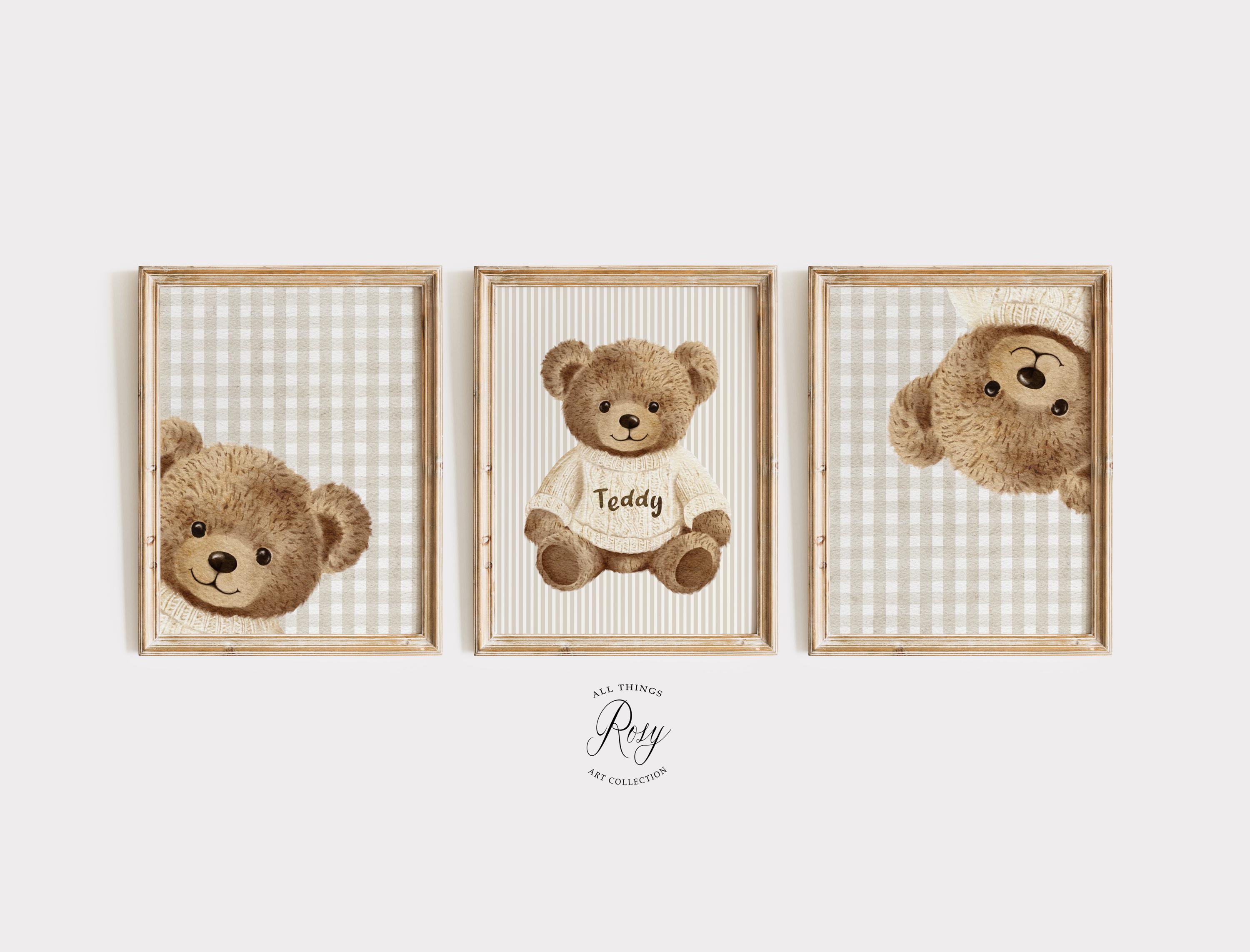 Personalised Teddy Bear Nursery Wall Art, Set of 3 Prints, Peekaboo ...